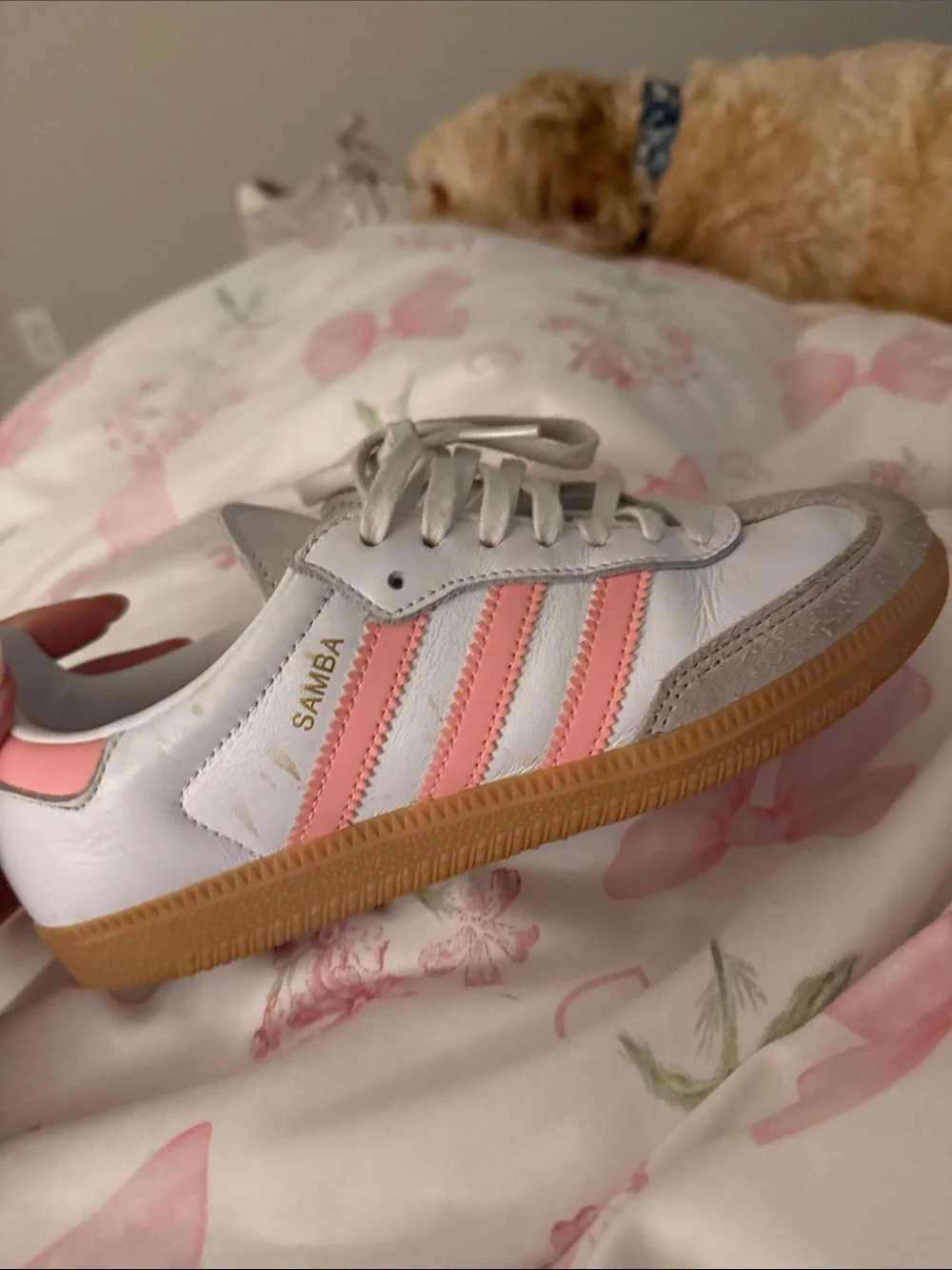 adidas Kids Samba Sneaker in White and Pink Accent
